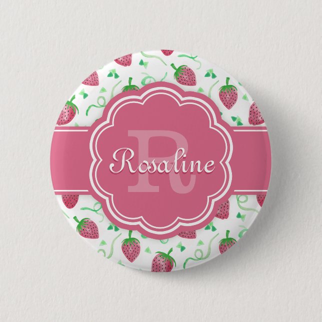 Watercolor Strawberry Pattern with Monogram Button (Front)