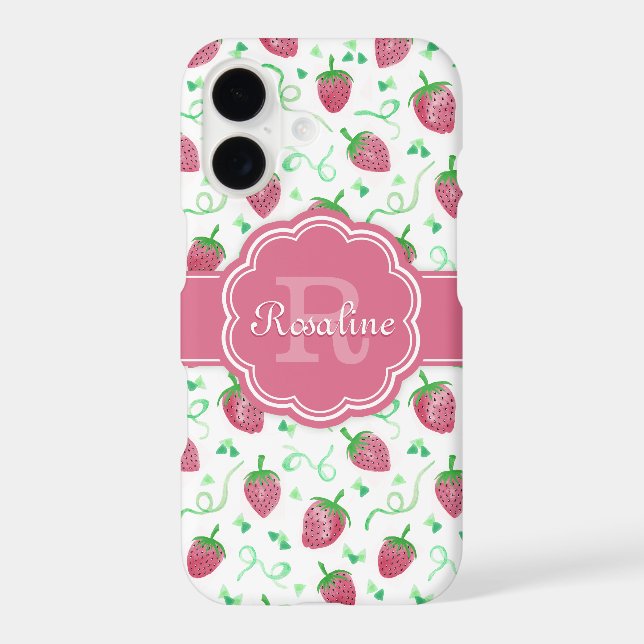 Watercolor Strawberry Pattern with Monogram Iphone Case (Back)