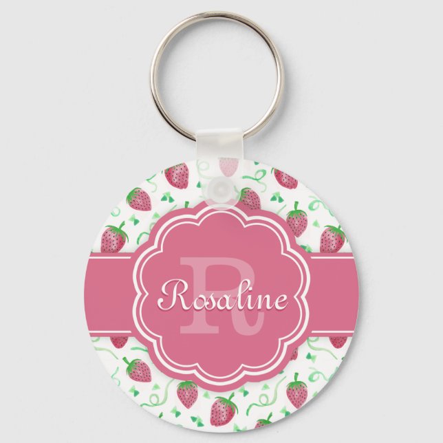 Watercolor Strawberry Pattern with Monogram Keychain (Front)