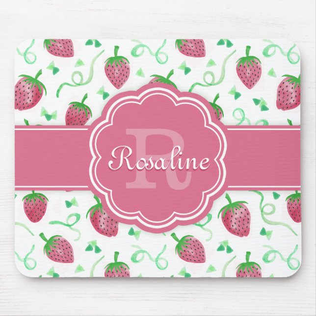 Watercolor Strawberry Pattern with Monogram Mouse Pad (Front)