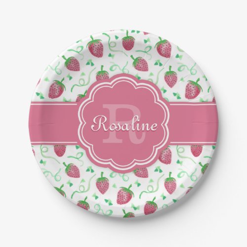 Watercolor Strawberry Pattern with Monogram Paper Plates