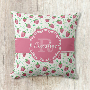Watercolor Strawberry Pattern With Monogram Throw Pillow by DoodlesGiftShop at Zazzle