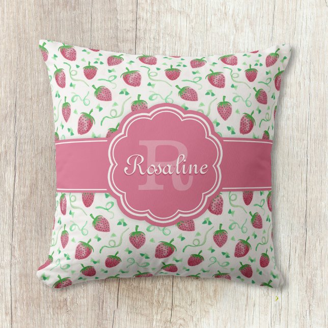 Watercolor Strawberry Pattern with Monogram Throw Pillow (Creator Uploaded)