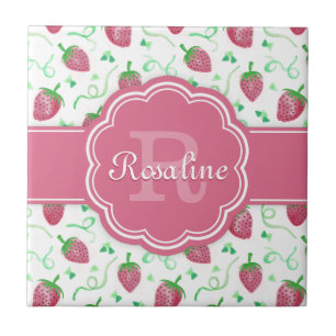 Watercolor Strawberry Pattern with Monogram Tile