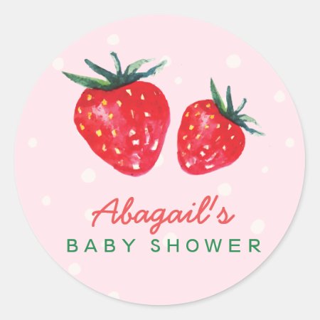 Watercolor Strawberry Personalized Baby Shower Classic Round Sticker
