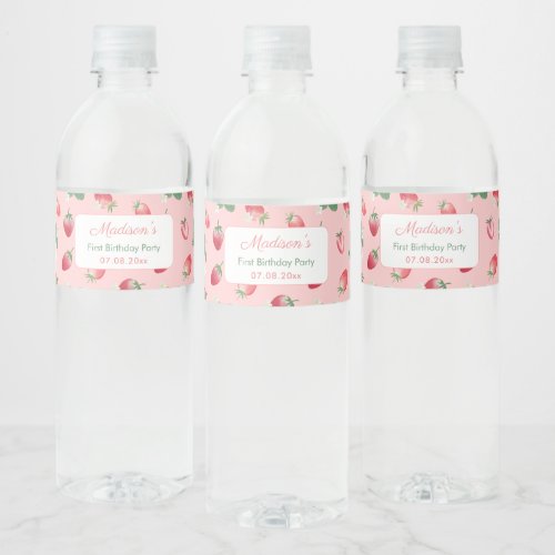 Watercolor Strawberry Pink Girl Birthday Party Water Bottle Label