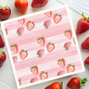 Watercolor Strawberry Pink Stripes Napkins