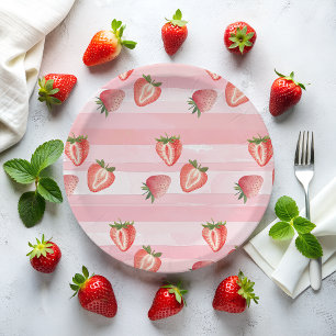 Watercolor Strawberry Pink Stripes Paper Plates