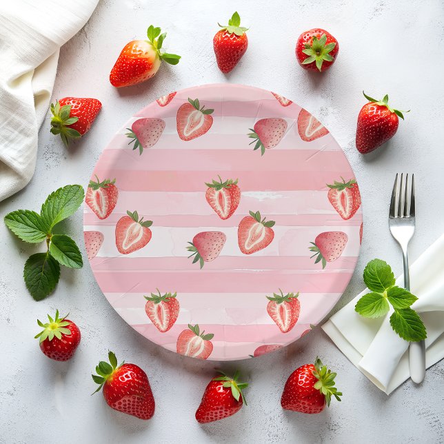 Watercolor Strawberry Pink Stripes Paper Plates (Creator Uploaded)