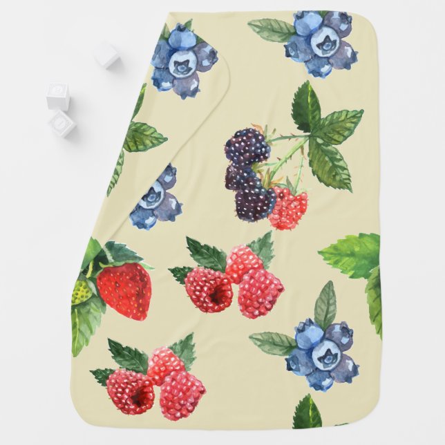 Watercolor Strawberry Raspberry Currant Pattern Baby Blanket (In Situ)