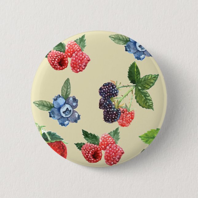 Watercolor Strawberry Raspberry Currant Pattern Button (Front)
