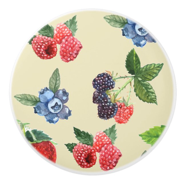 Watercolor Strawberry Raspberry Currant Pattern Ceramic Knob (Front)