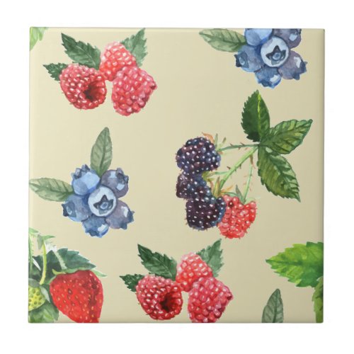 Watercolor Strawberry Raspberry Currant Pattern Ceramic Tile