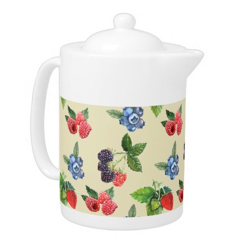 Watercolor Strawberry Raspberry Currant Pattern Teapot