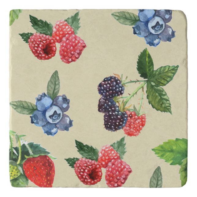 Watercolor Strawberry Raspberry Currant Pattern Trivet (Front)