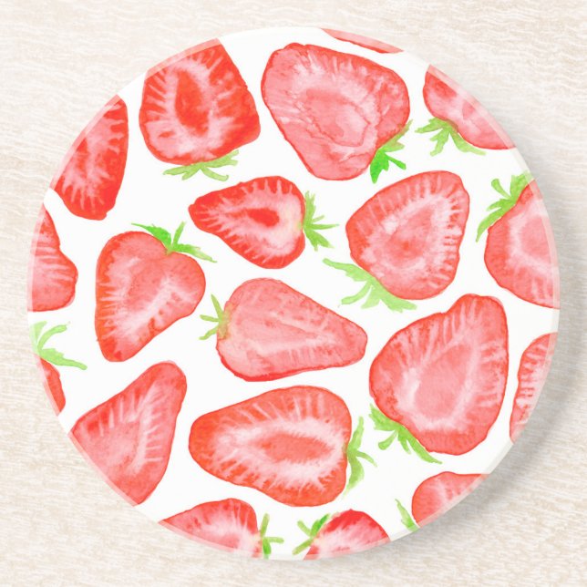 Watercolor strawberry slices pattern drink coaster (Front)