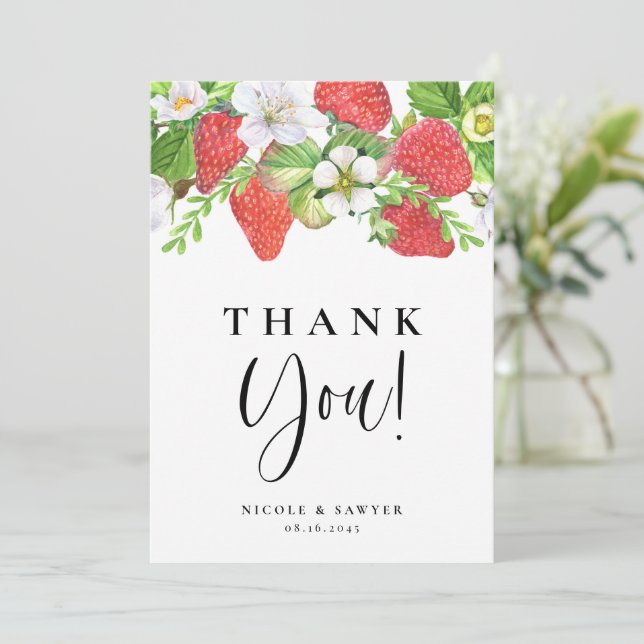Watercolor Strawberry Summer Wedding Thank You Card (Standing Front)