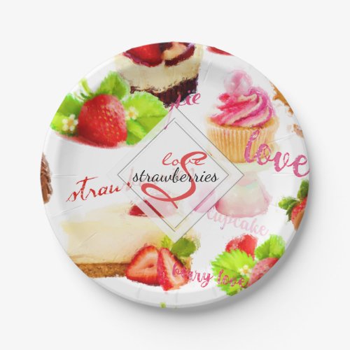 Watercolor Strawberry Sweets Love Monogram Paper Plates