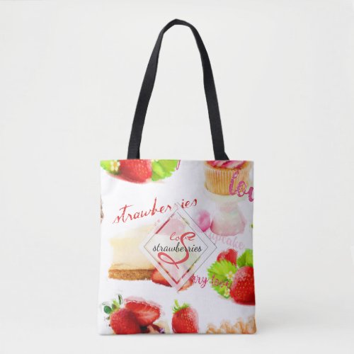 Watercolor Strawberry Sweets Love Monogram Tote Bag