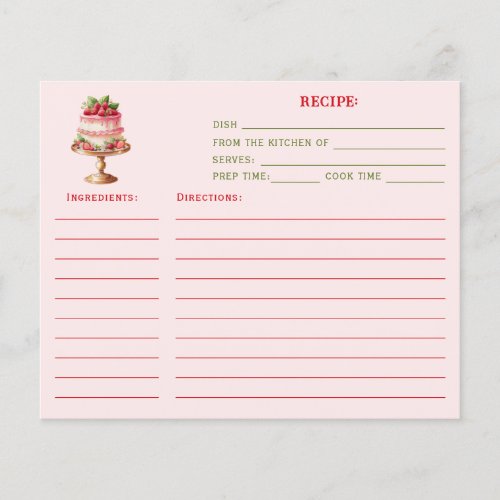 Watercolor Strawberry Tasty Treats Recipe Card