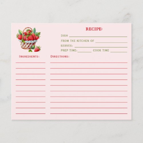 Watercolor Strawberry Tasty Treats Recipe Card