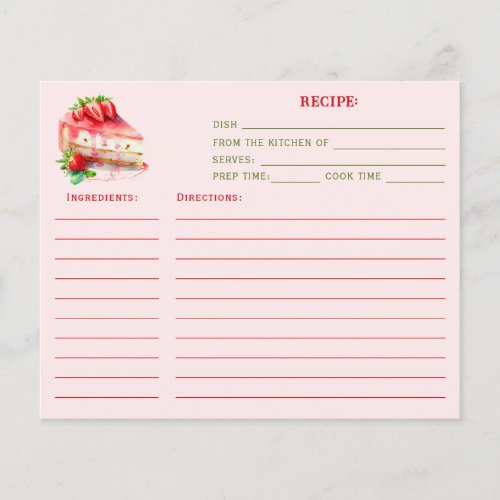 Watercolor Strawberry Tasty Treats Recipe Card