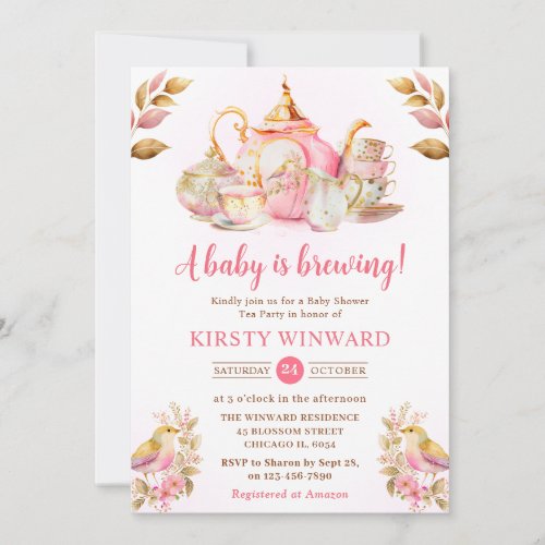 Watercolor Strawberry Tea Party Baby Shower Invitation