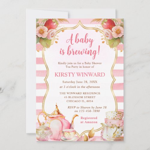 Watercolor Strawberry Tea Party Baby Shower Invitation