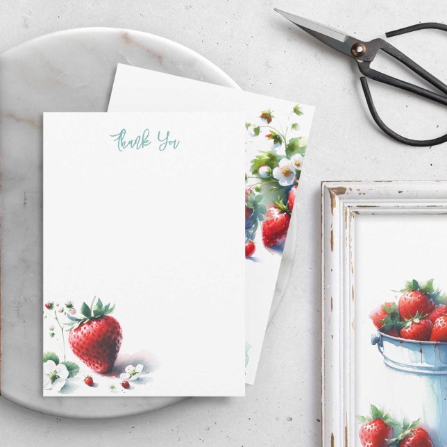 Watercolor Strawberry Thank You Note Cards (Berry sweet baby shower thank you cards feature watercolor strawberry art)
