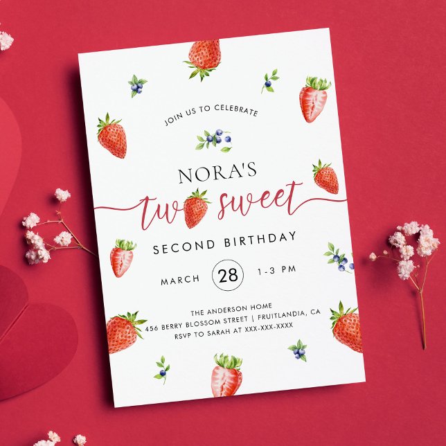 Watercolor Strawberry Two Sweet Birthday  Invitation (Creator Uploaded)
