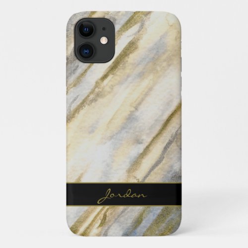 Watercolor Streaks in Tan Gray Blue  Gold w Name iPhone 11 Case