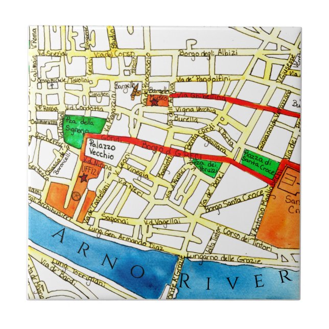 Watercolor Street Map Florence Italy Ceramic Tile (Front)