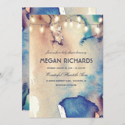 Watercolor String Lights Beach Baby Shower Invitation - Sandy vintage beach watercolors and string lights modern and elegant baby shower invitations.