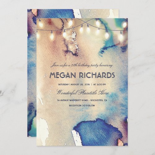 Watercolor String Lights Beach Birthday Party Invitation - Sandy vintage beach watercolors and string lights modern and elegant birthday party invitations.