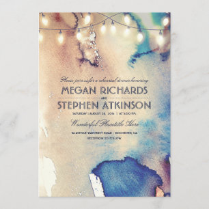 Watercolor String Lights Beach Rehearsal Dinner Invitation