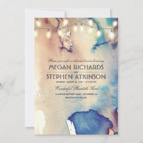Watercolor String Lights Beach Rehearsal Dinner Invitation - Sandy vintage beach watercolors and string lights modern and elegant rehearsal dinner invitations.
