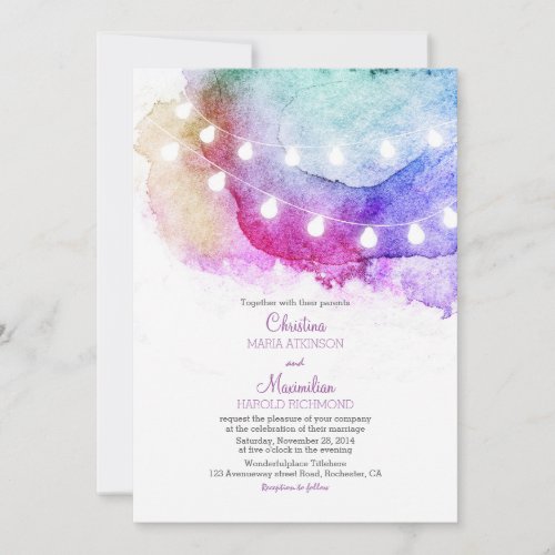 watercolor string lights romantic wedding invitation