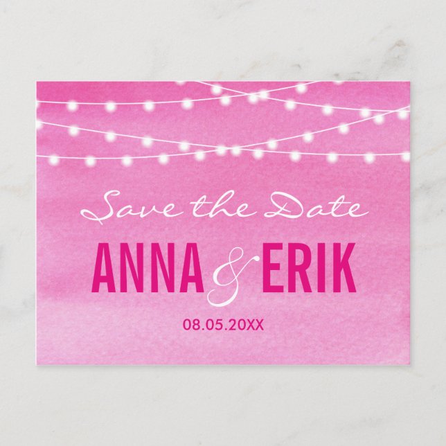Watercolor String Lights Save The Date Postcard (Front)