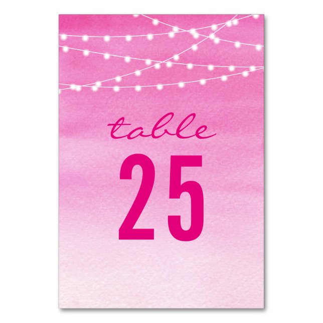 Watercolor String Lights Wedding Table Number (Front)