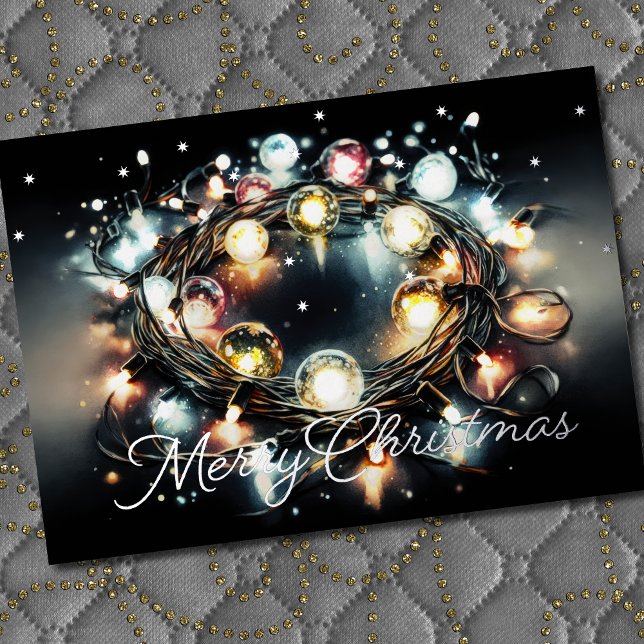Watercolor String of Christmas Lights Coiled Foil Holiday Card (Creator Uploaded)
