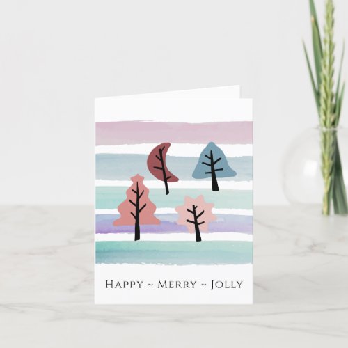 Watercolor Stripe and Christmas Tree Pastel Holiday Card