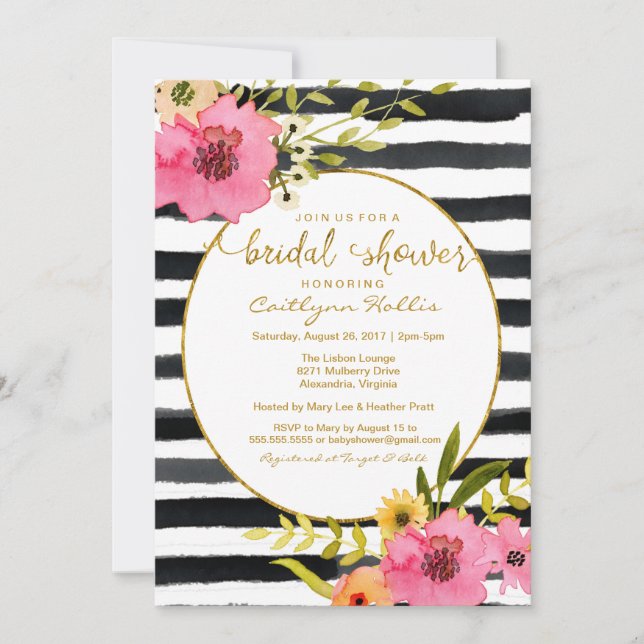 Watercolor Stripe Bright Floral Bridal Shower Invitation (Front)