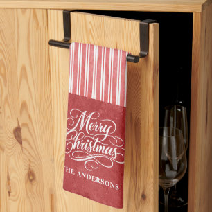 Watercolor stripe Merry Christmas Script Kitchen Towel
