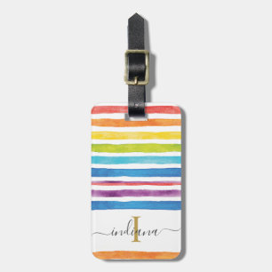 Watercolor Stripe Monogram Script Custom Luggage Tag