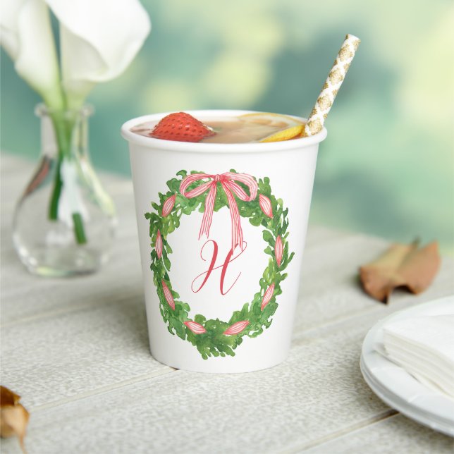Watercolor Striped Bow Wreath Christmas Monogram Paper Cups (Insitu)