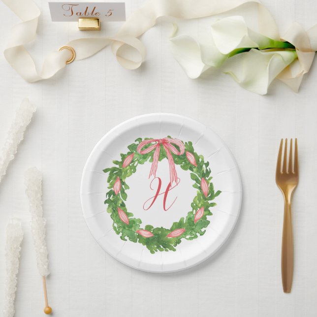 Watercolor Striped Bow Wreath Christmas Monogram Paper Plates (Wedding)