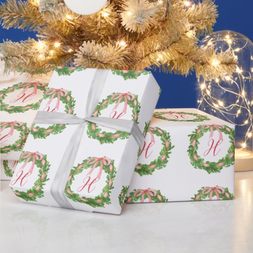 Watercolor Striped Bow Wreath Christmas Monogram Wrapping Paper