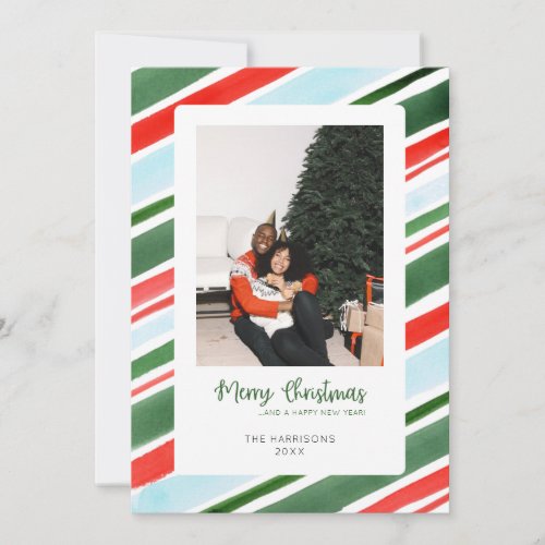 Watercolor Striped Frame Christmas Holiday Card