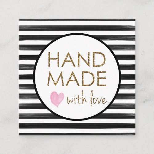 Watercolor Striped Glitter Handmade with Love Square Business Card