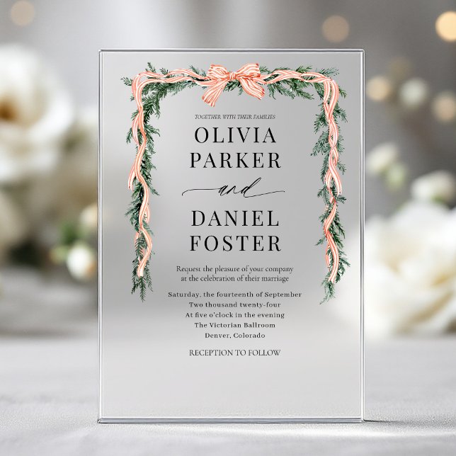 Watercolor Striped Red Bow Christmas Greenery Acrylic Invitations (Creator Uploaded)